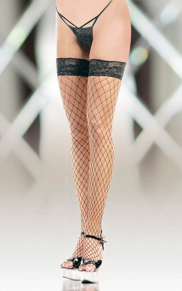 Softline - Stockings 5520 - csipkés, hálós combfix (S) - fekete
