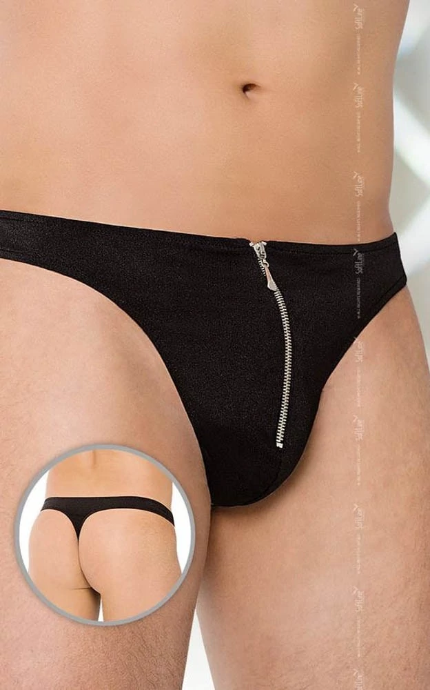 Softline - Thongs 4501 - erotikus, cipzáras, férfi tanga (XL) - fekete