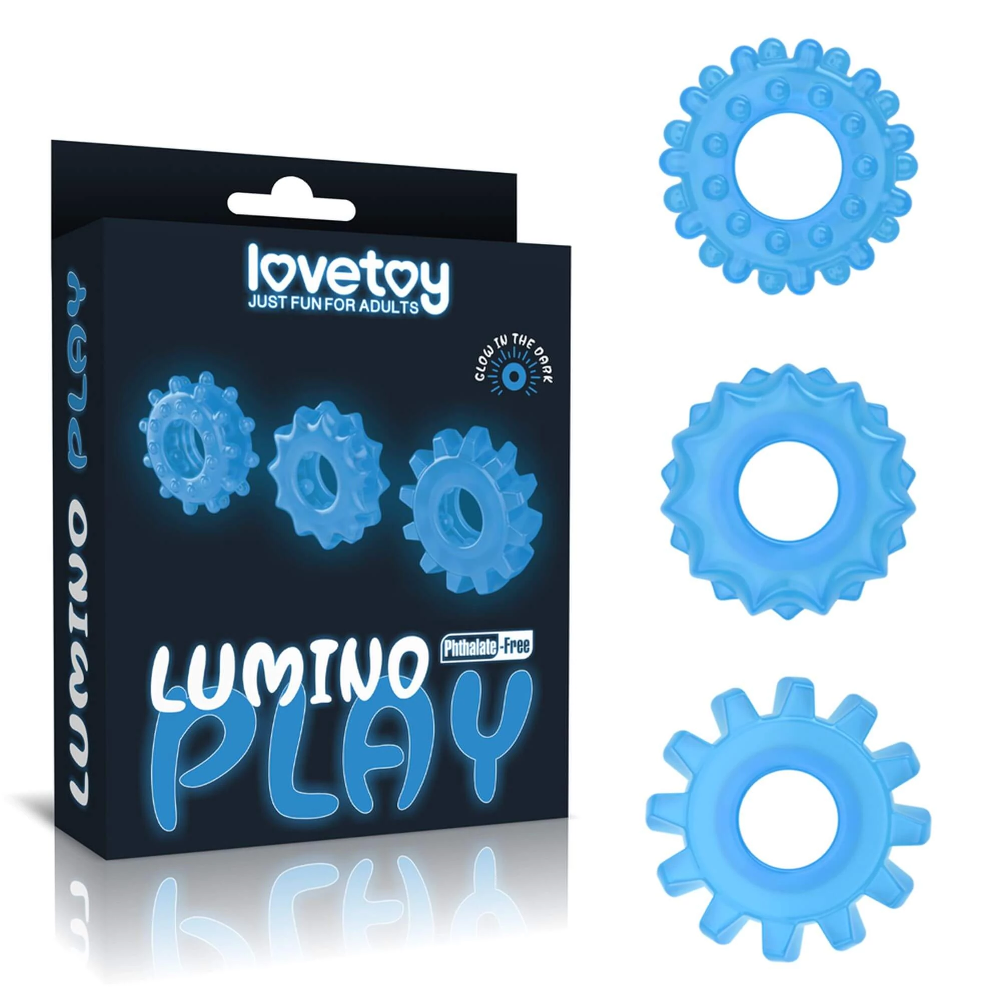 Lovetoy - Lumino Play - Glow in the Dark - bordázott, foszforeszkáló péniszgyűrű szett (3db/cs)