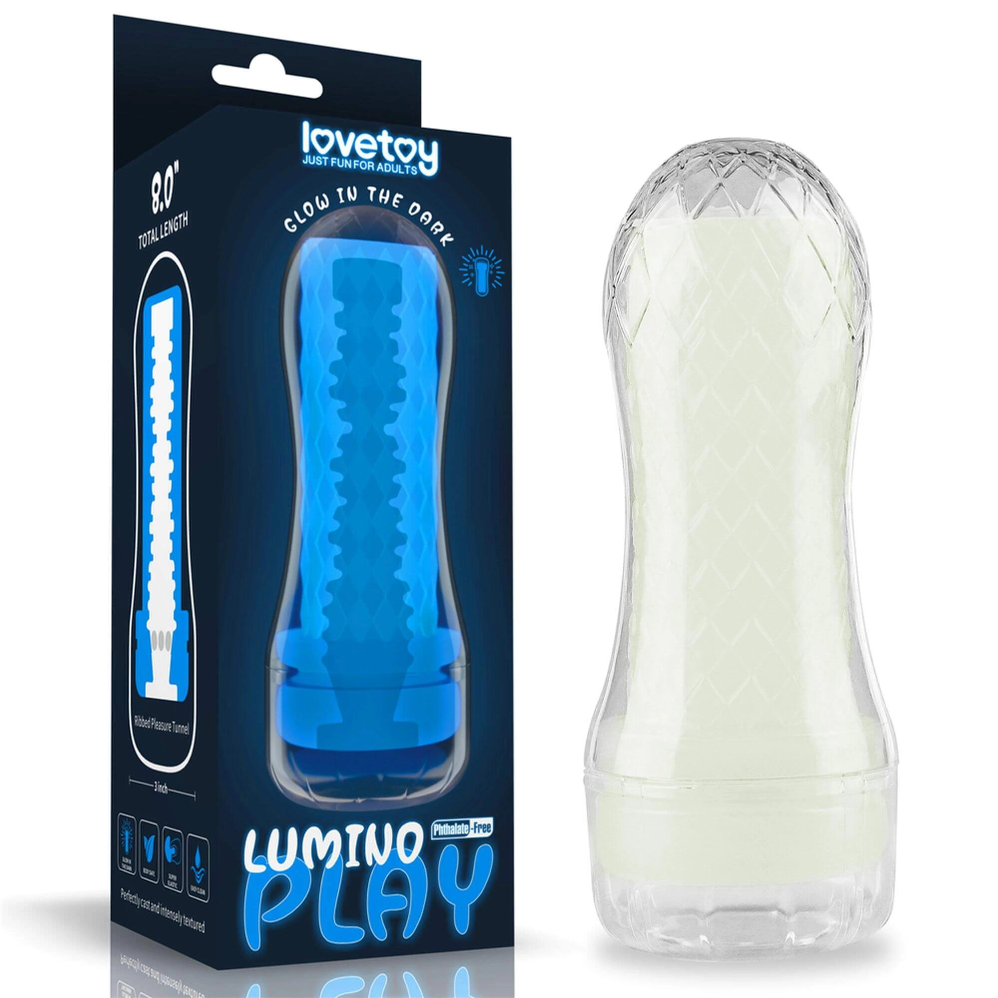 Lovetoy - Lumino Play - Glow in the Dark - bordázott, foszforeszkáló maszturbátor (áttetsző)